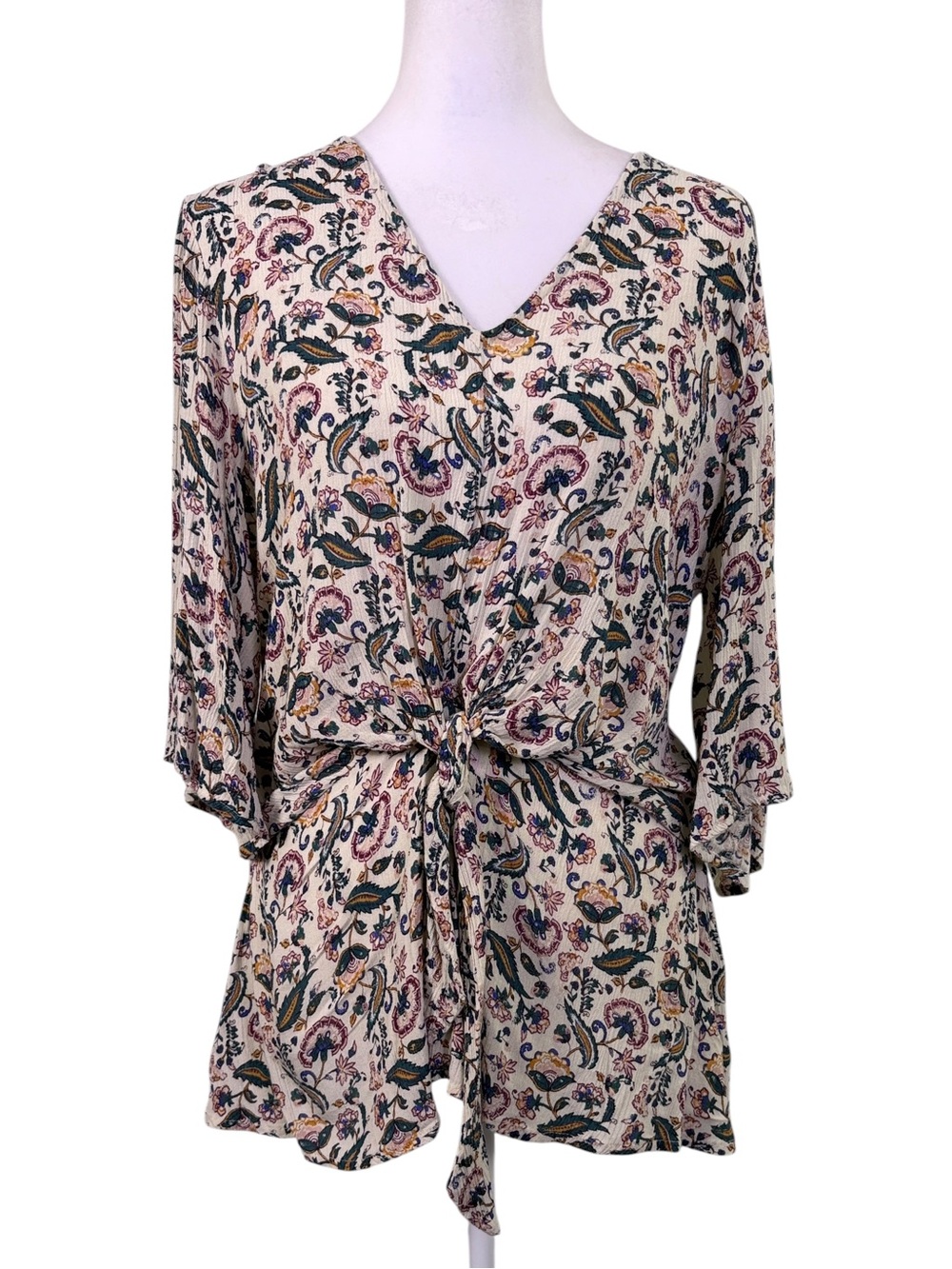 teaRose Floral Boho Tie Front Blouse M V Neck Back Zip Cottagecore - Picture 2 of 11